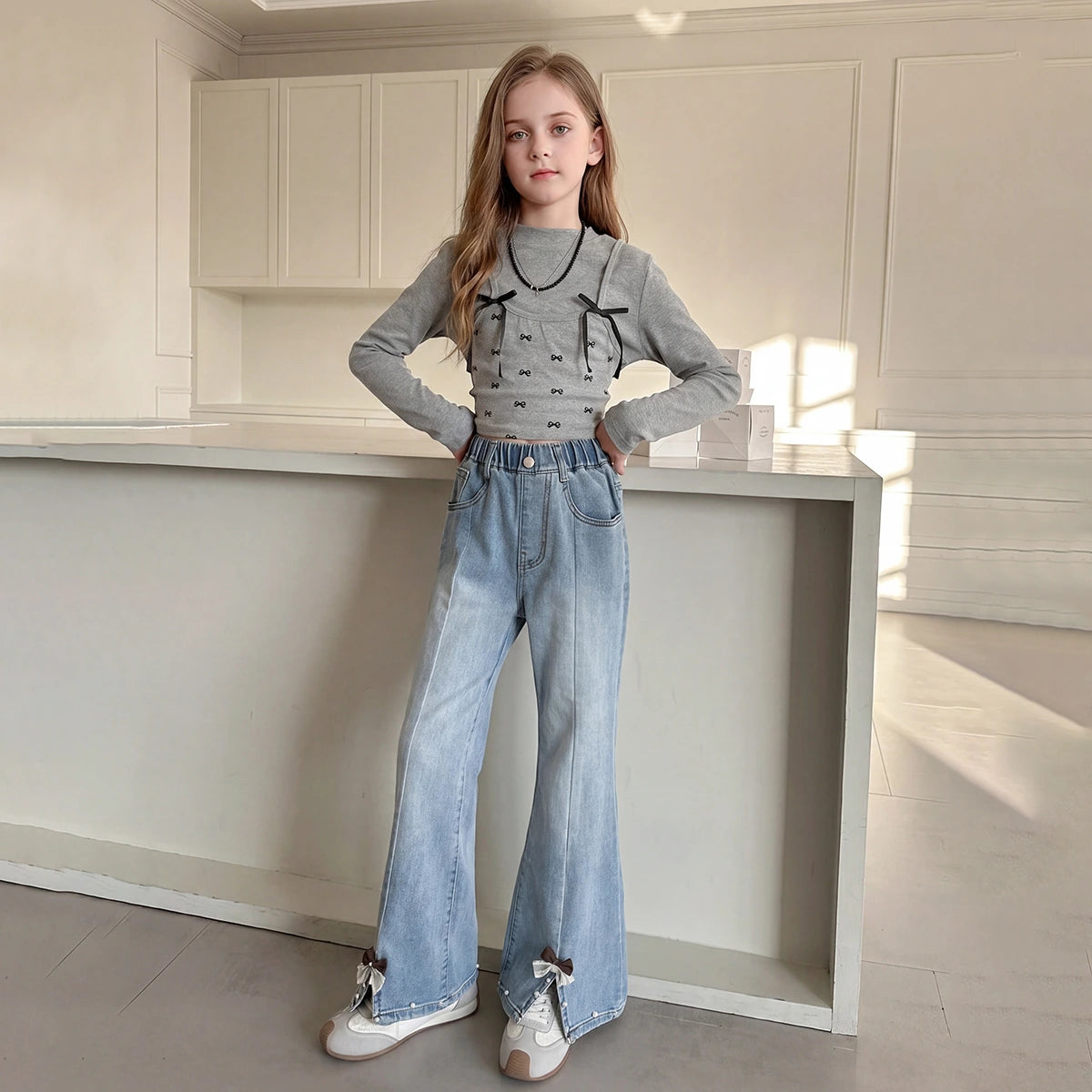 Girls Blue Bow Applique Flared Denim Jeans Pants Blue 5-6 Y