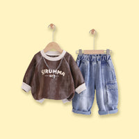 Boys Brown Typography Raglan Sleeve Sweatshirt With Denim Pants Sets 2 pc. Sets Brown 1-2 Y