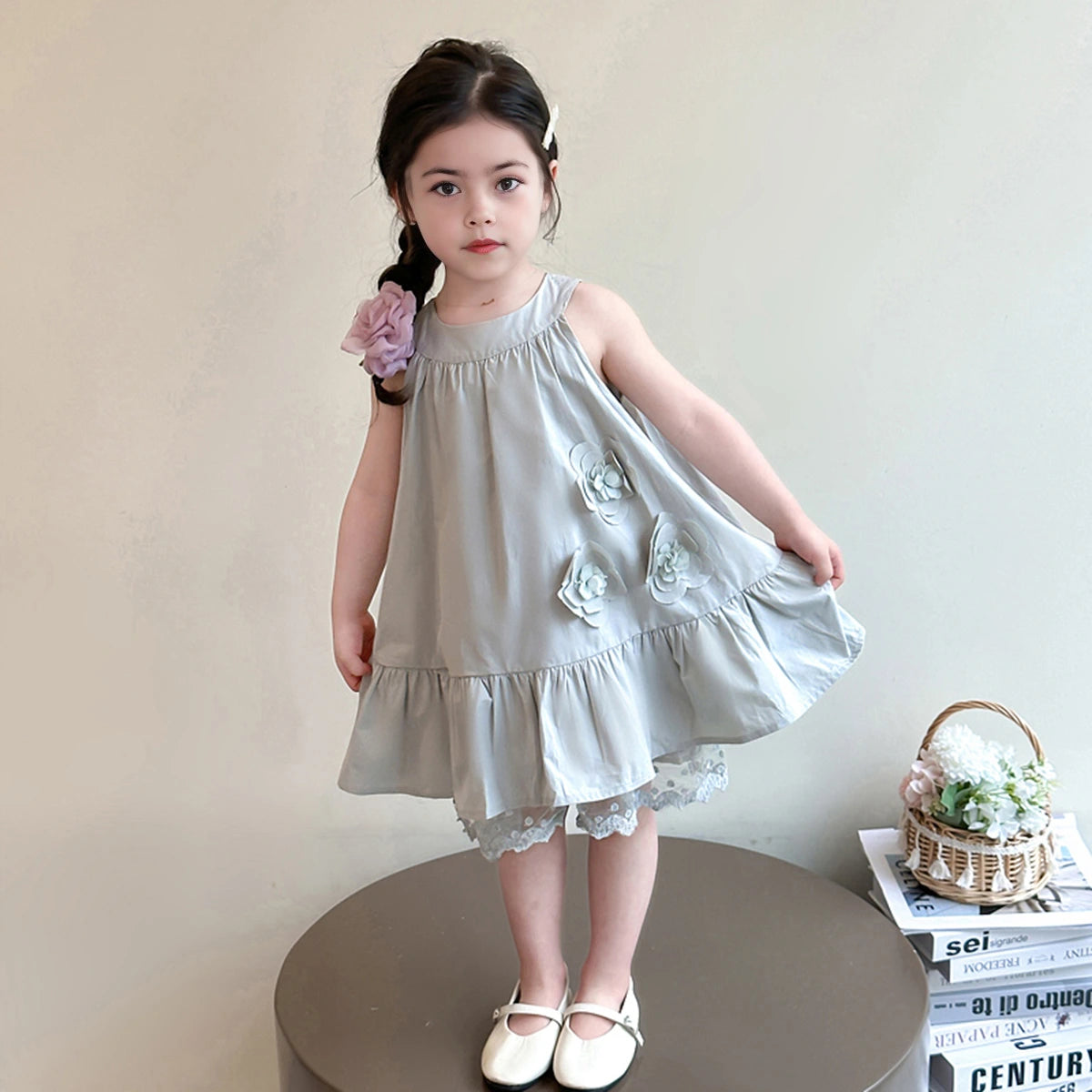 Girls Blue Flowers Applique Sleeveless Summer A-line Dress Casual Dresses