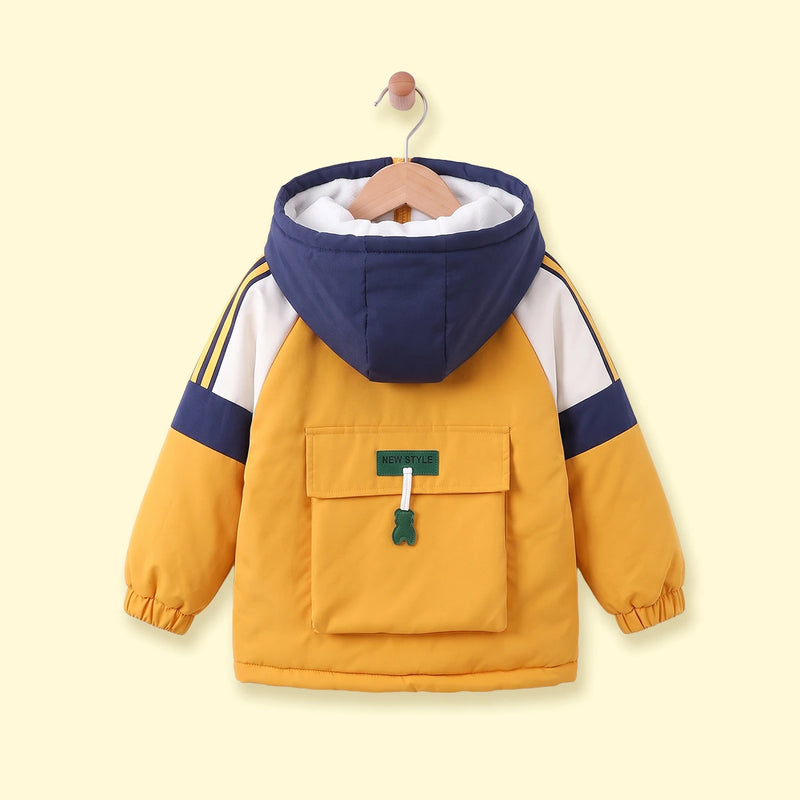 Boys Yellow Color-blocked Back Pocket Fleece Lined Jacket Coats & Jackets