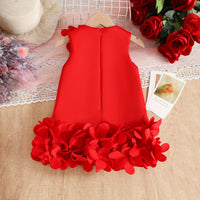 Girls Red Solid A-line Party Dress With Flower Appliques Party Dresses