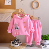 Girls Pink Solid Rabbit Applique Hooded Sweatshirt With joggers Set