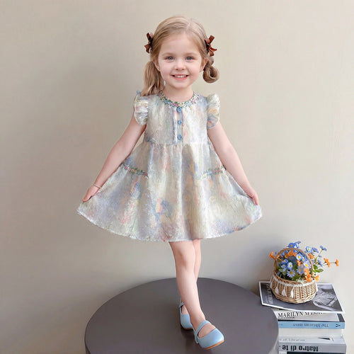 Girls Multicolour Floral Print Flutter Sleeve Flared Dress Casual Dresses Multicolor 1-2 Y