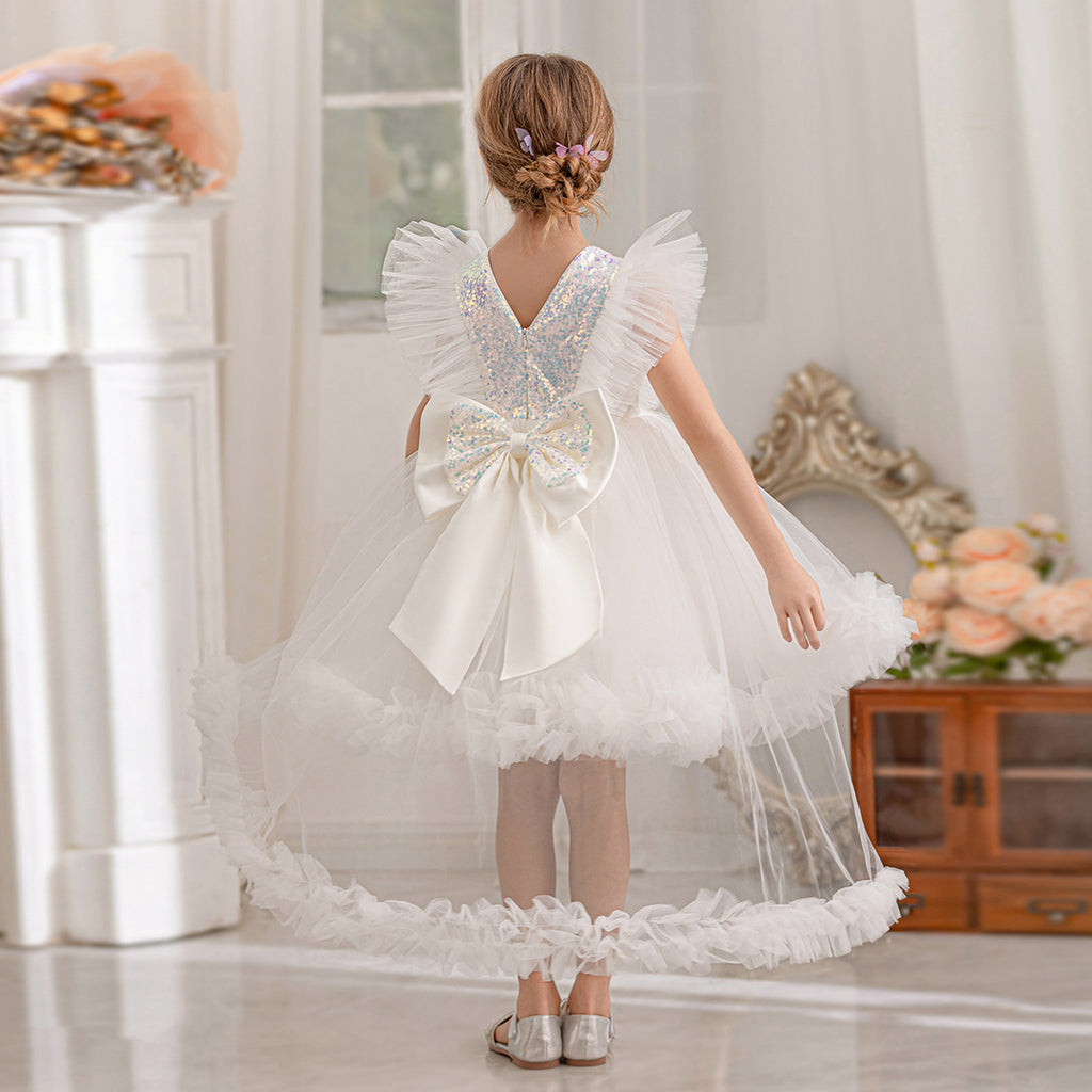Girls White Ruffle Tulle Mullet Dress with Statement Back Bow Party Dresses
