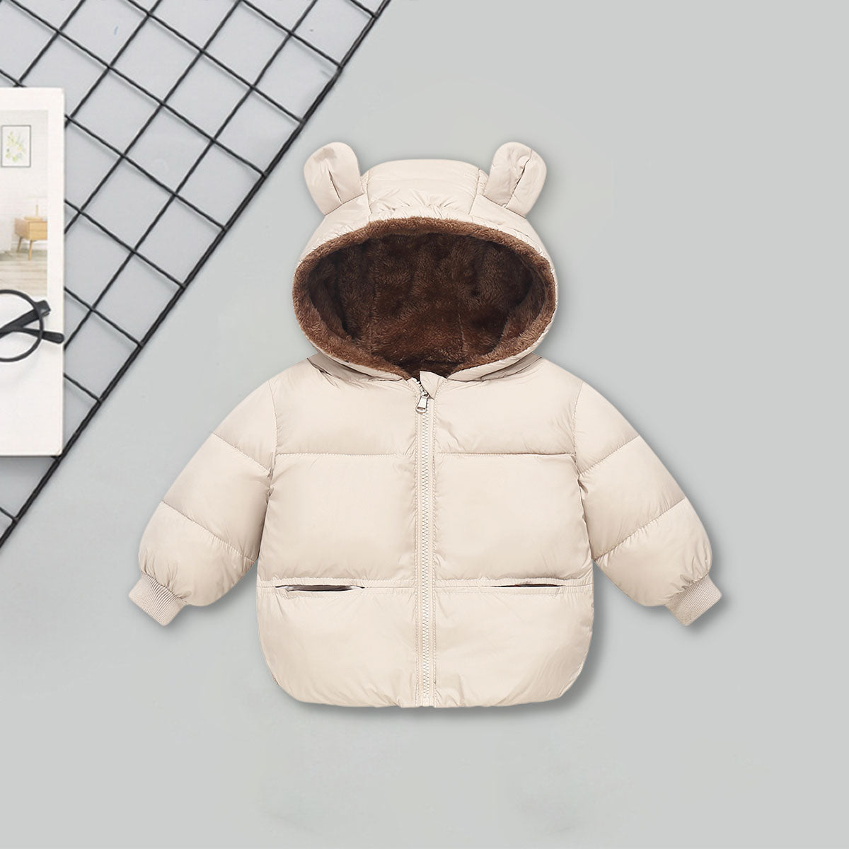 Girls Apricot Solid Front Zipper Hooded Winter Jacket Coats & Jackets Apricot 1-2 Y