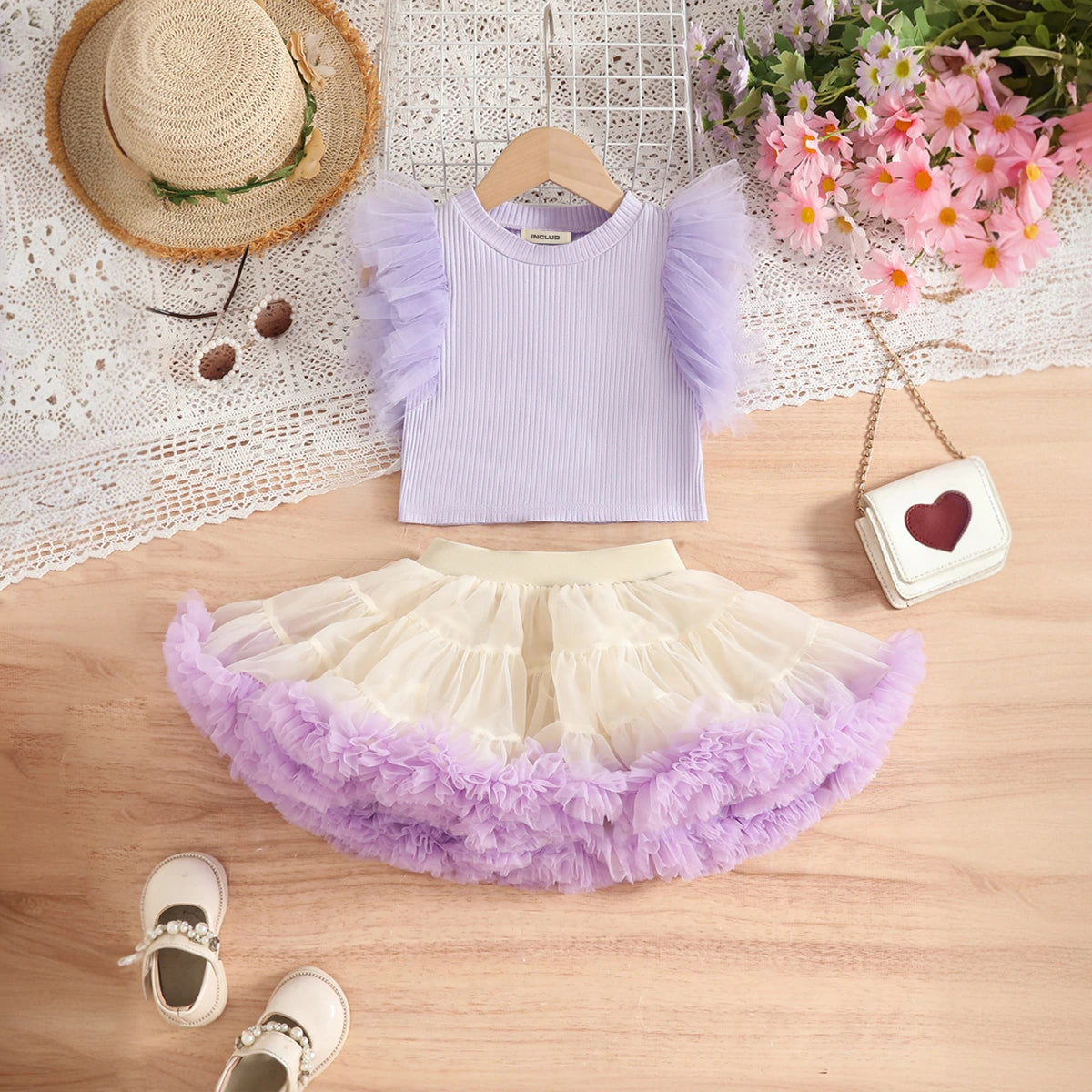 Girls Purple Ruffle Top With Tiered Tulle Skirts Set Sets Purple 3-4 Y