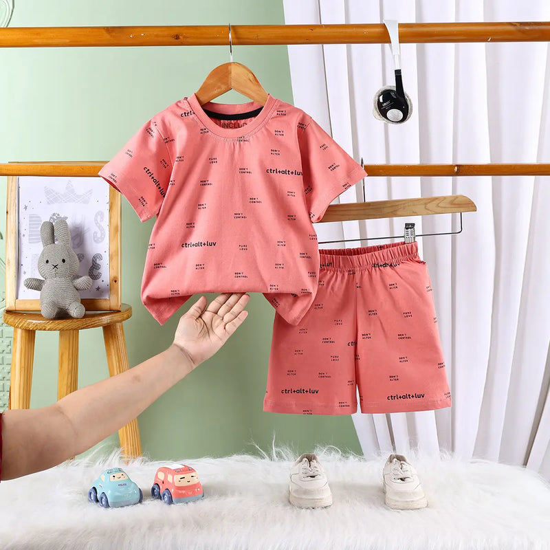 Boys Peach Typographic Short Sleeve T-Shirt With Elasticated Shorts Sets Sets Peach 6-9 M