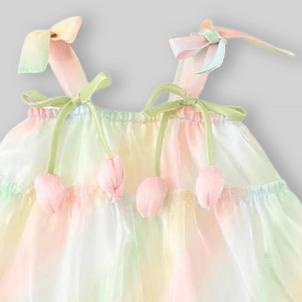 Girls Green Sleeveless Tiered Dress With Bow Details Casual Dresses