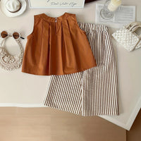 Girls Brown Sleeveless Top With Stripes Pants & Hat Sets Sets