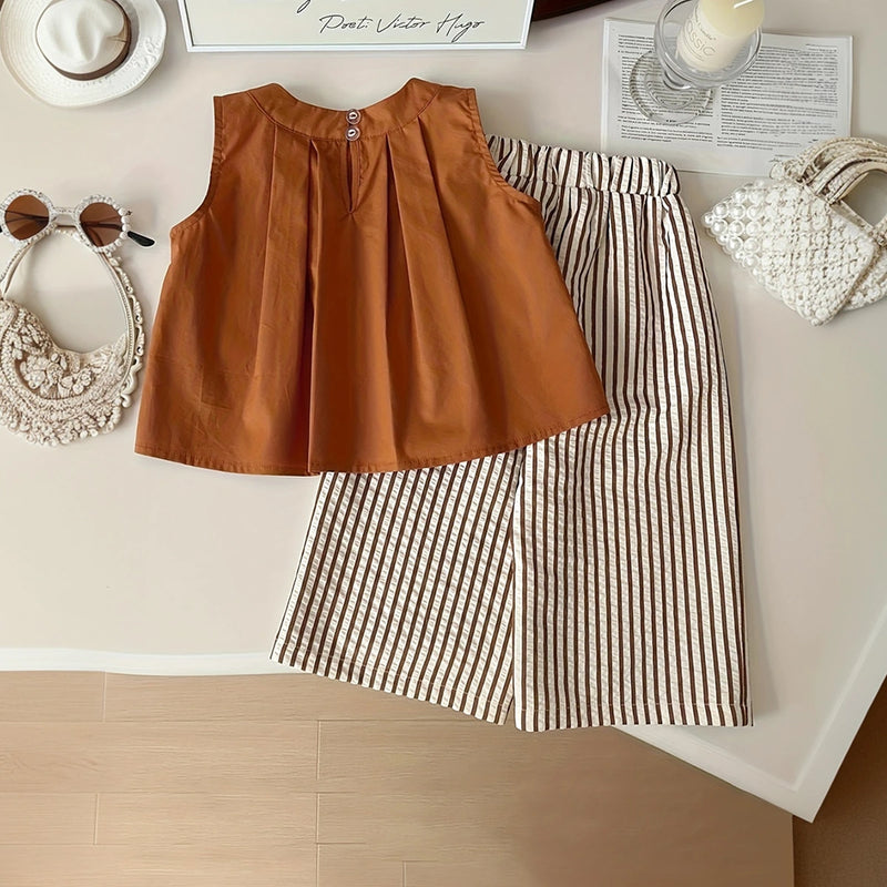 Girls Brown Sleeveless Top With Stripes Pants & Hat Sets Sets