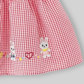 Girls Red Checked Bunny Embroidered Fit & Flare Dress Casual Dresses