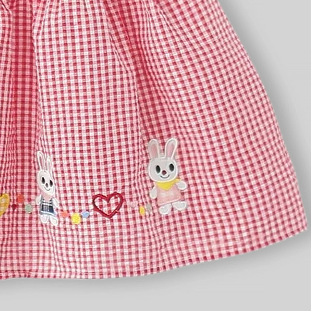 Girls Red Checked Bunny Embroidered Fit & Flare Dress Casual Dresses