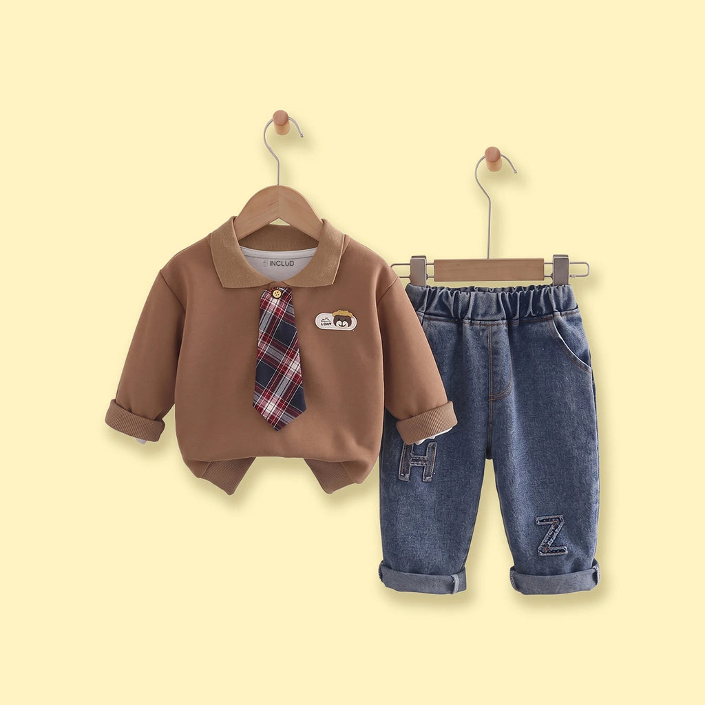 Boys Brown Polo Sweatshirt & Denim Pants Sets Sets Brown 1-2 Y