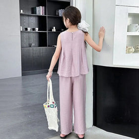 Girls Purple Sleeveless A-line Top With Pants Co-ord Sets Sets