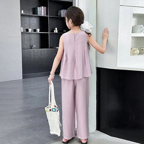 Girls Purple Sleeveless A-line Top With Pants Co-ord Sets Sets