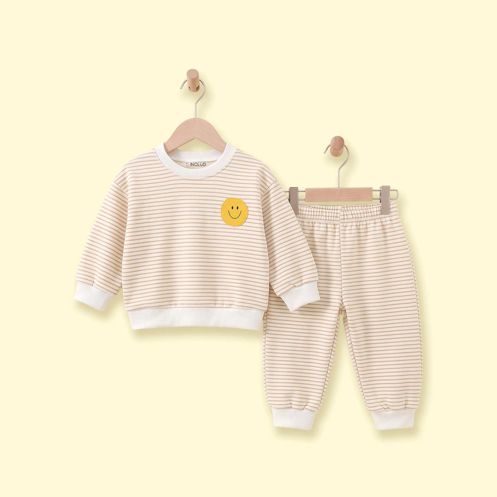 Girls Yellow Striped Smiley Printed Sweatshirt & Joggers Sets Sets Yellow 1-2 Y