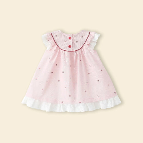 Girls Light Pink Printed Cherry Applique A-line Dress Casual Dresses
