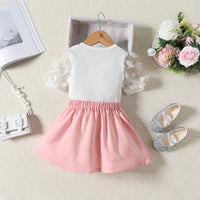 Girls Ribbed Short Sleeve Top With Light Pink Pleated Skirt Sets 2 pc. Sets