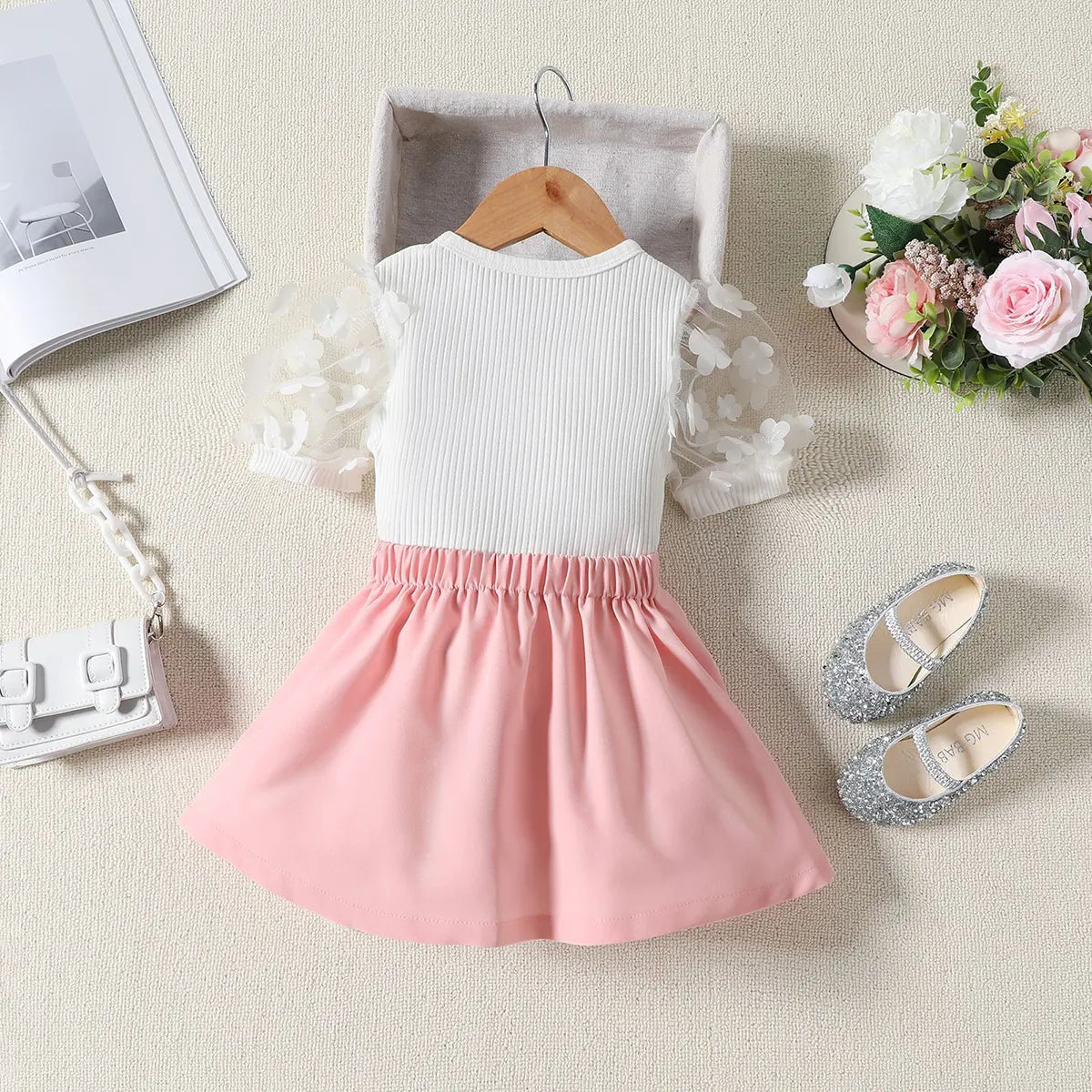 Girls Ribbed Short Sleeve Top With Light Pink Pleated Skirt Sets 2 pc. Sets