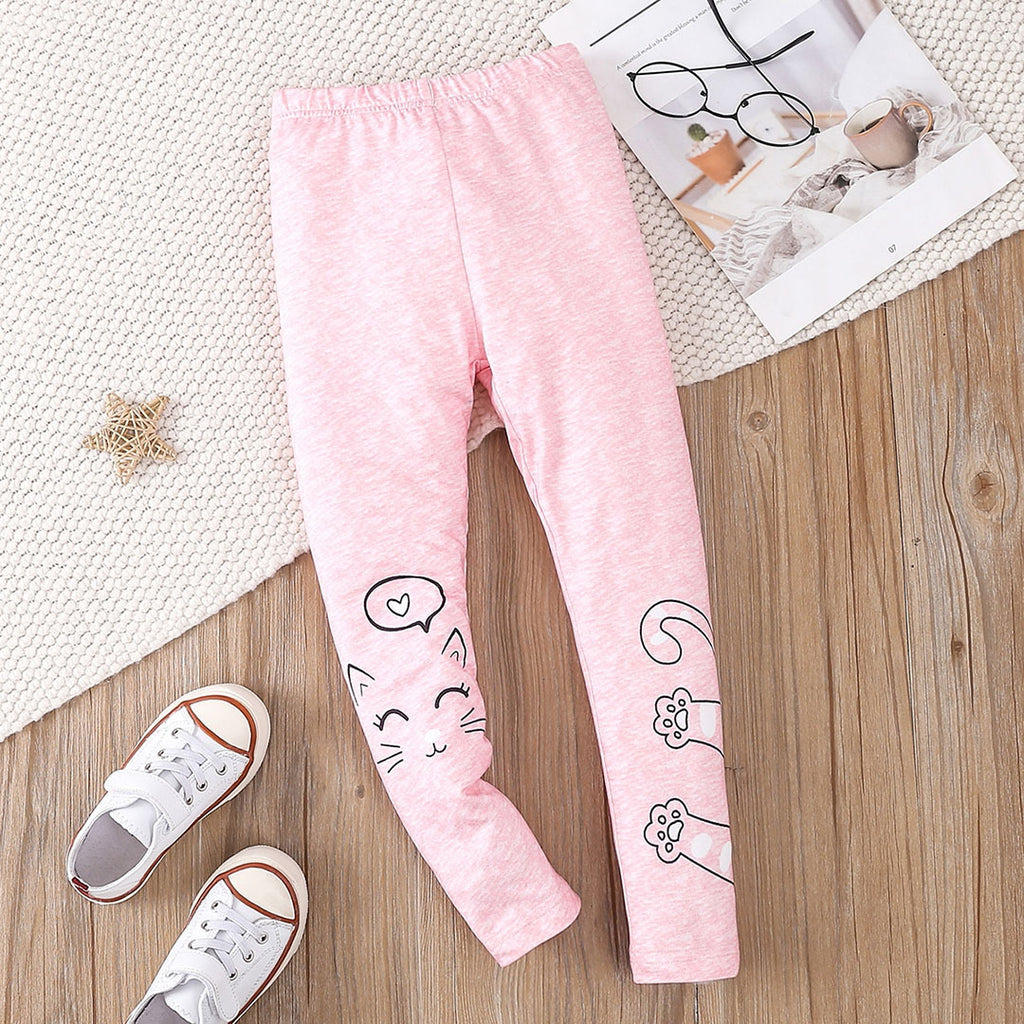 Girls Pink Melange Cat Print Leggings Leggings & Tights Pink 2-3 Y