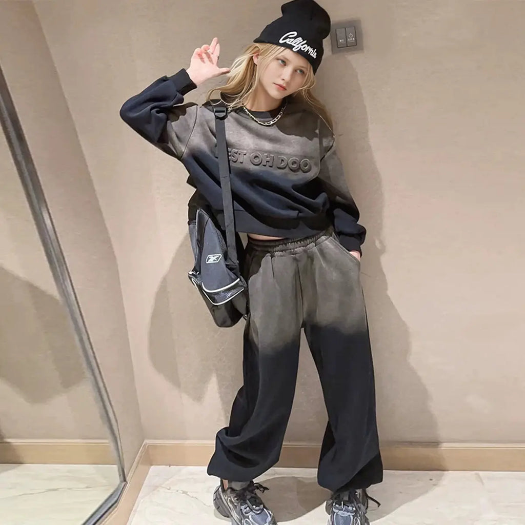Girls Black Ombre Printed Sweatshirt With Pants Winter Co-ord sets 2 pc. Sets