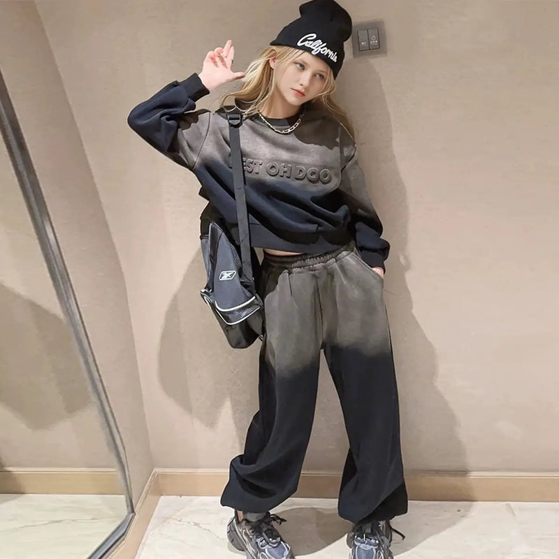 Girls Black Ombre Printed Sweatshirt With Pants Winter Co-ord sets 2 pc. Sets