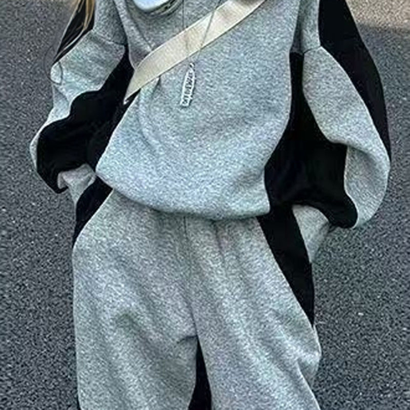 Girls Dark Grey Colorblocked High Neck Sweatshirt With Pants Sets 2 pc. Sets