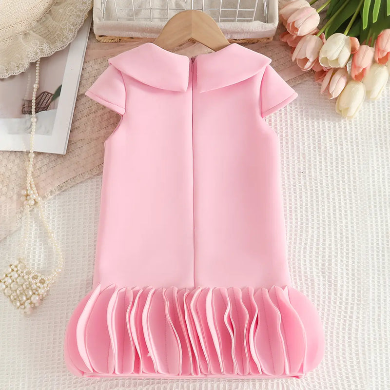 Girls Pink Cap Sleeves A-line Dress With Ruffled Hem Party Dresses