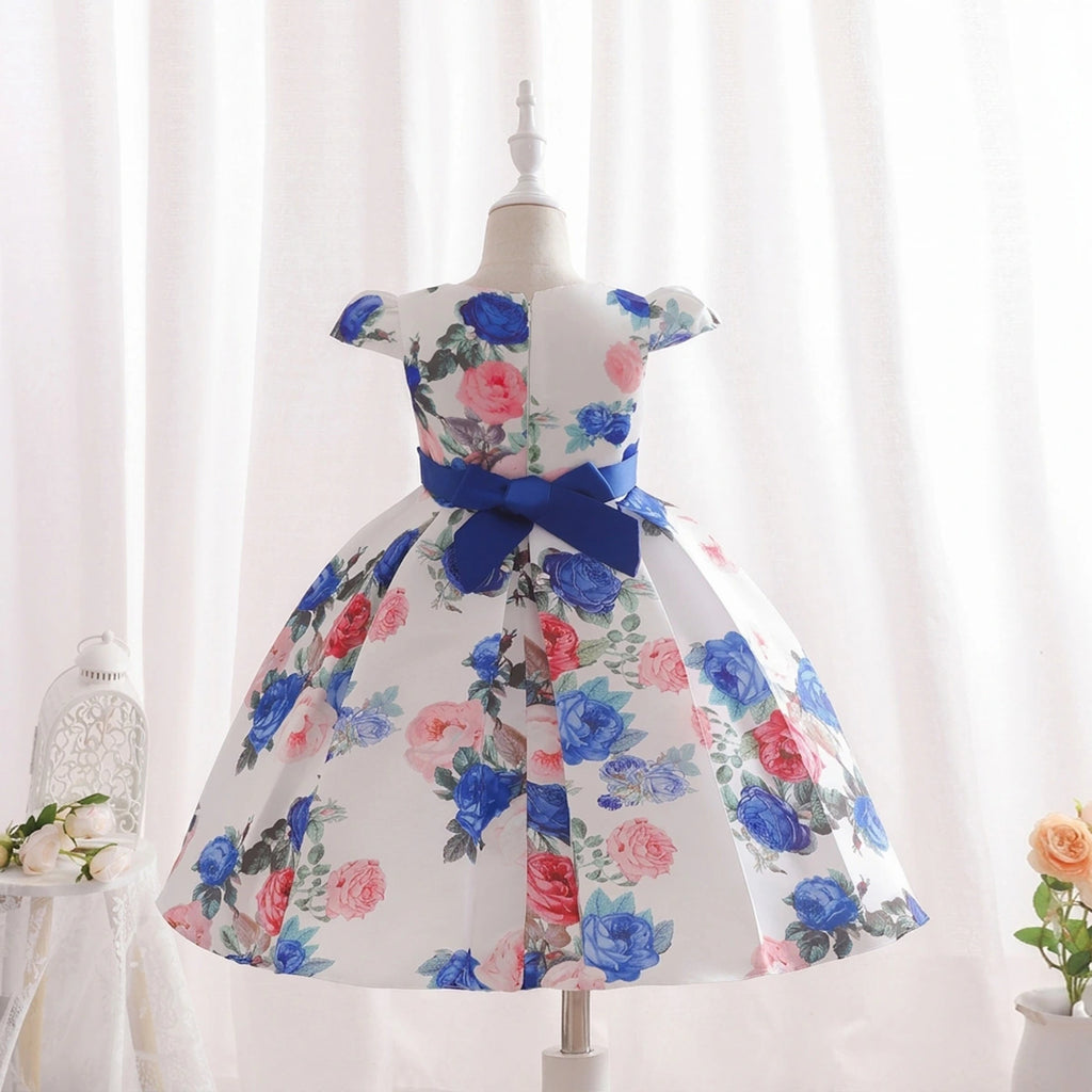 Girls Blue Floral Printed Cap Sleeve Fit & Flare Party Wear Dress Party Dresses