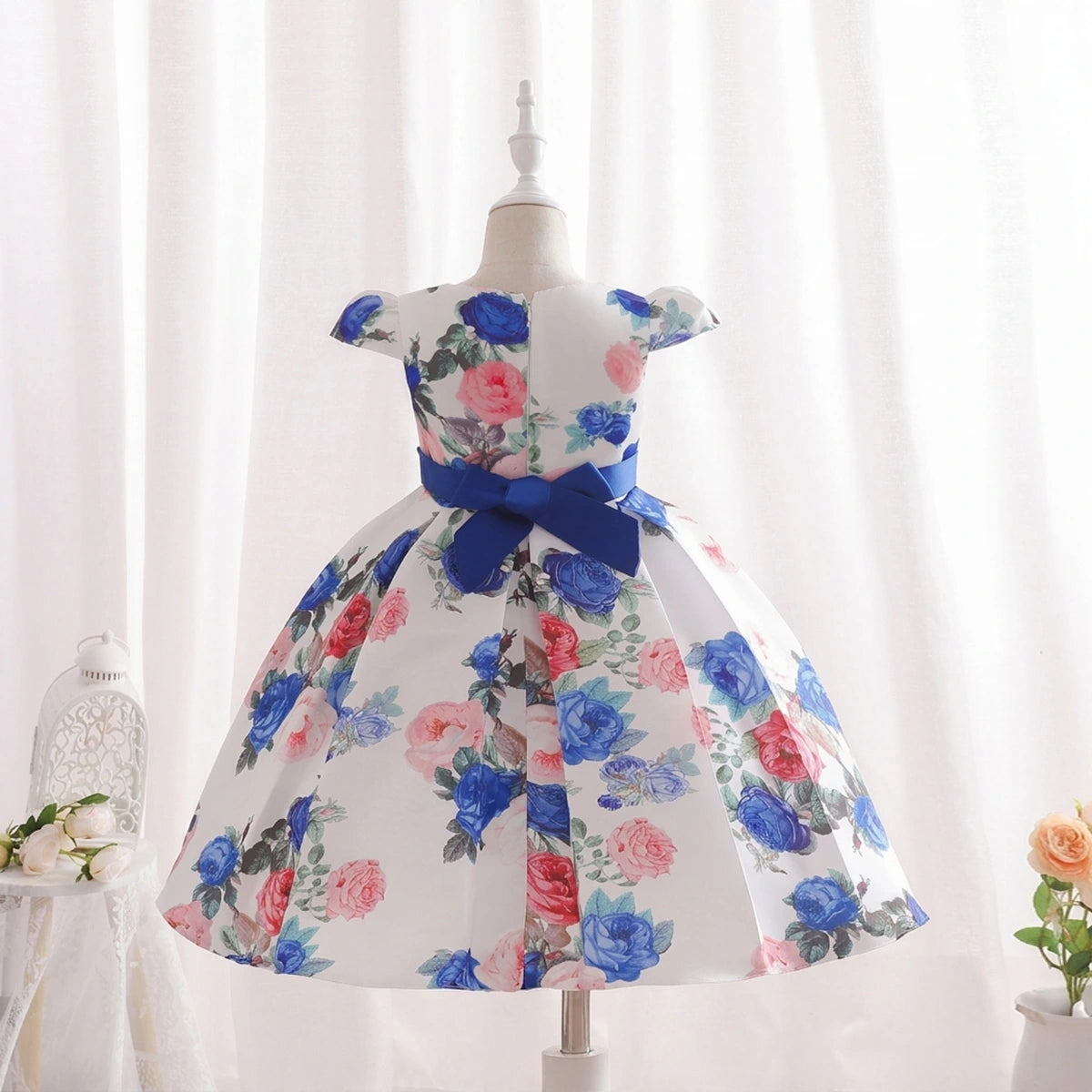 Girls Blue Floral Printed Cap Sleeve Fit & Flare Party Wear Dress Party Dresses