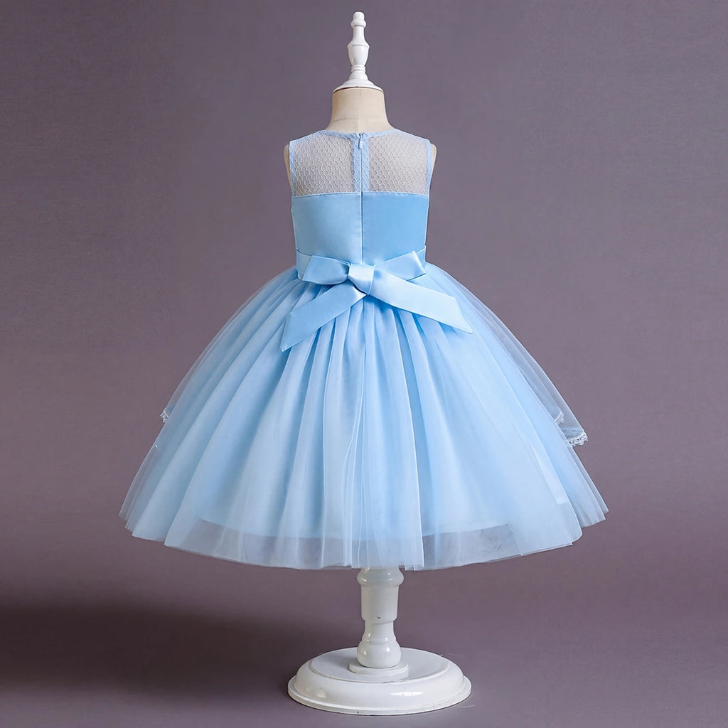 Girls Sky Blue Embellished Sleeveless Layered Party Wear Dress Party Dresses