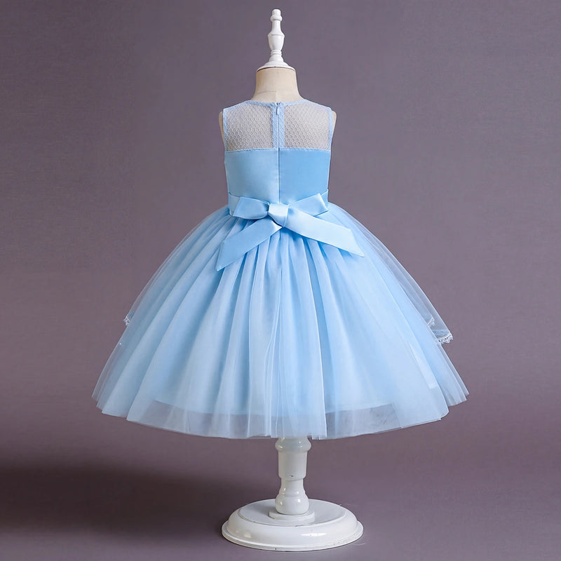Girls Sky Blue Embellished Sleeveless Layered Party Wear Dress Party Dresses