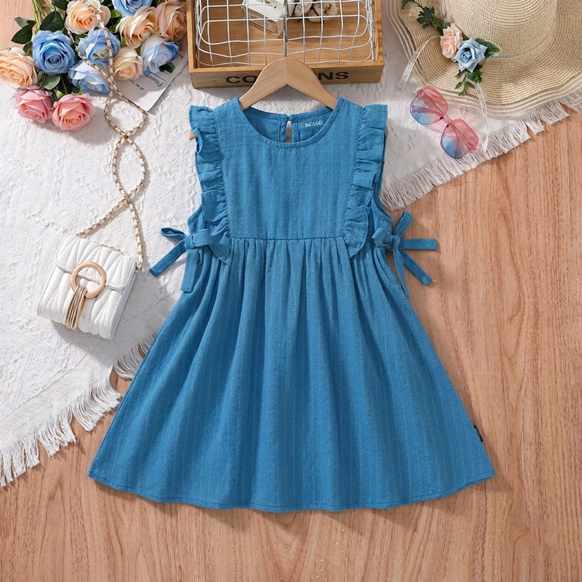 Girls Blue Textured Sleeveless Fit & Flare Dress Casual Dresses Blue 2-3 Y