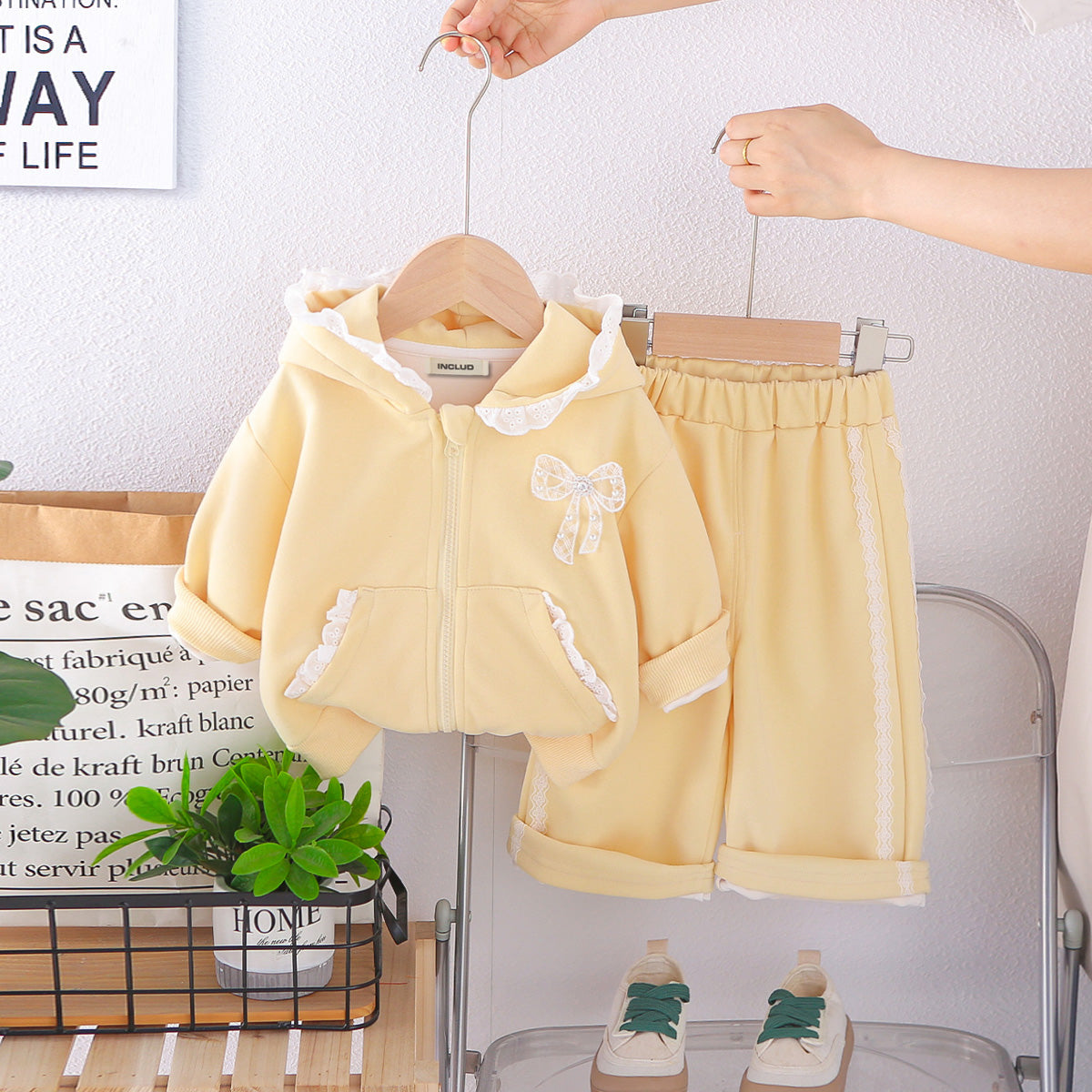 Girls Lime Yellow Solid Hooded Sweatshirt With Pants Co-ord Set 2 pc. Sets Lime Yellow 1-2 Y