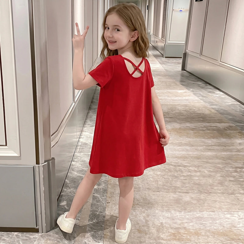 Girls Red Solid Short Sleeve Cross-Back A-Line Dress Casual Dresses