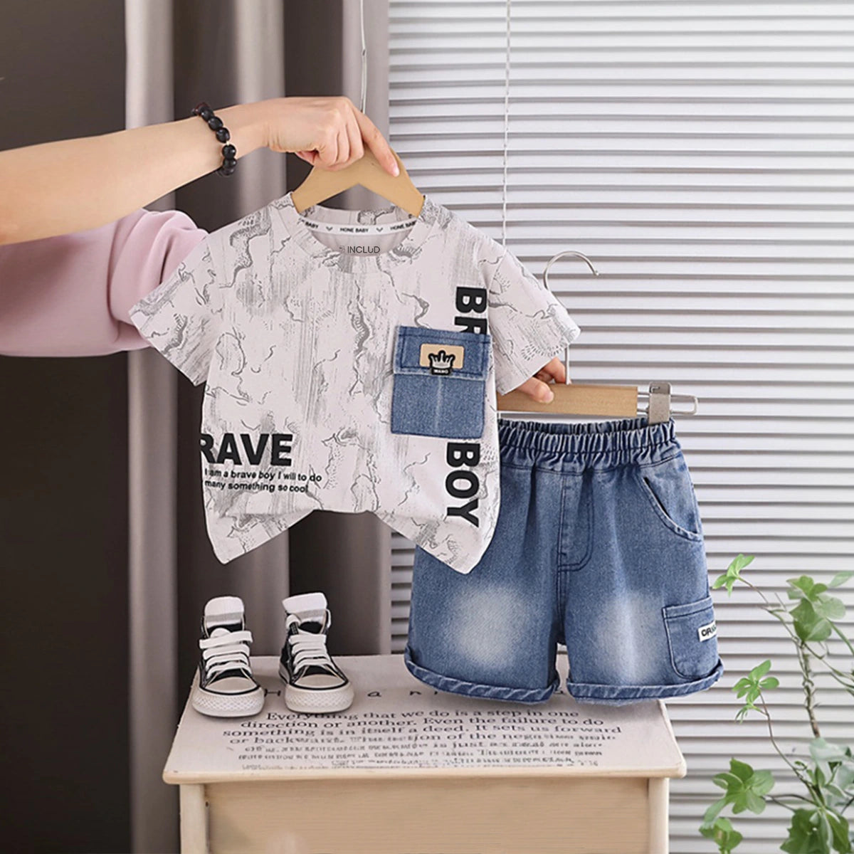 Boys Beige Typographic Printed Short Sleeve T-Shirt With Denim Shorts Sets 2 pc. Sets Beige 1-2 Y