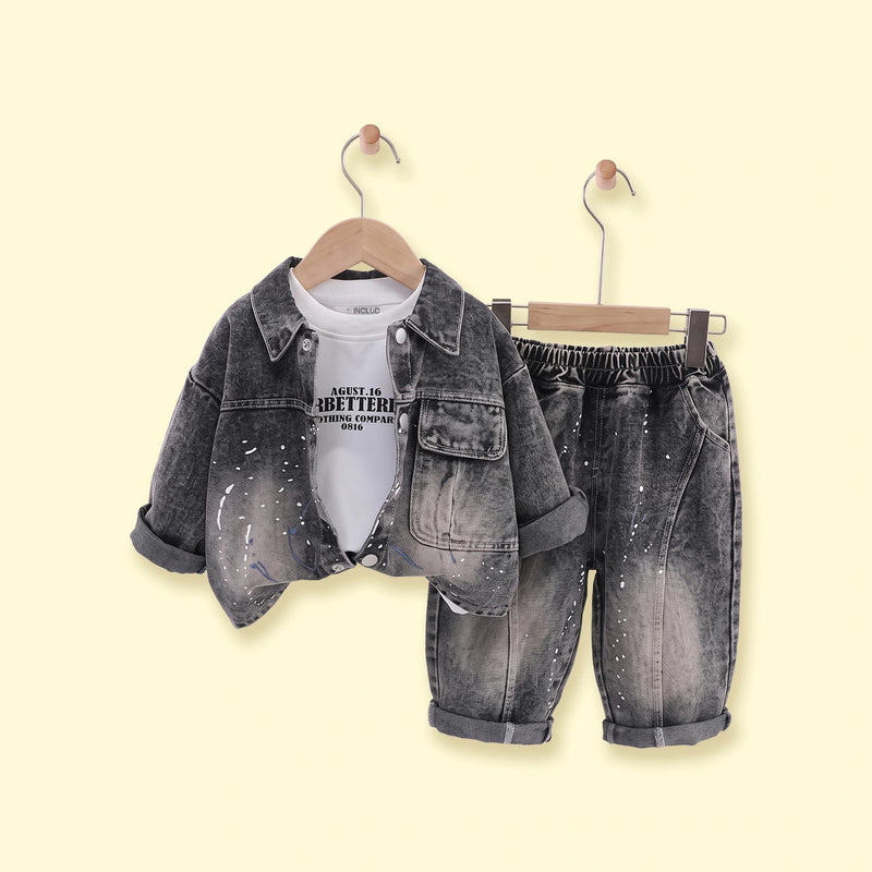 Boys Black Splatter Print Denim Jacket & Pants With T-Shirt Sets 3 pc. Sets Black 1-2 Y