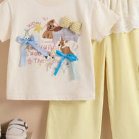 Girls Cream Dog Print Short Sleeve T-Shirt With Shorts Sets 2 pc. Sets