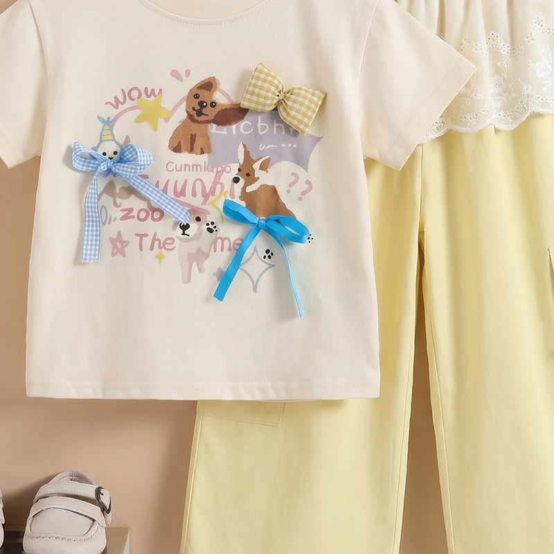 Girls Cream Dog Print Short Sleeve T-Shirt With Shorts Sets 2 pc. Sets