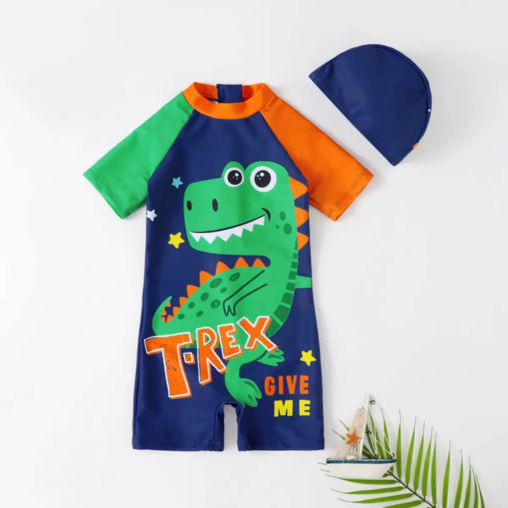 Boys Navy Blue Dinosaur Cartoon Print Swimwear Bodysuit With Swim Cap Beachwear Navy Blue 3-4 Y