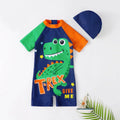 Boys Navy Blue Dinosaur Cartoon Print Swimwear Bodysuit With Swim Cap Beachwear Navy Blue 3-4 Y