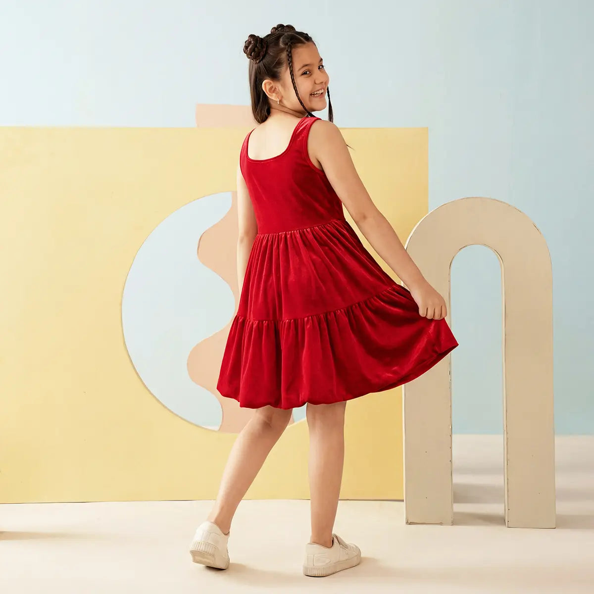 Girls Red Sleeveless Tiered Fit & Flare Dress Casual Dresses