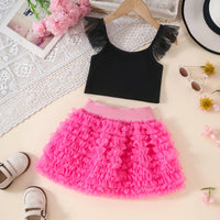 Girls Black Graphics Crop Top With Tulle Ruffles Skirts Set Sets