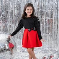Girls Black Beaded Puff Sleeves Top With Bow Pleated Skirt Sets Sets Black 3-4 Y