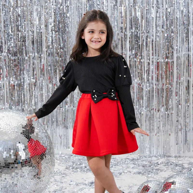 Girls Black Beaded Puff Sleeves Top With Bow Pleated Skirt Sets Sets Black 3-4 Y