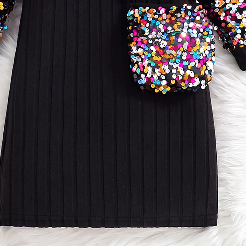 Girls Black Sequin Embellished Long Sleeve Dress Casual Dresses