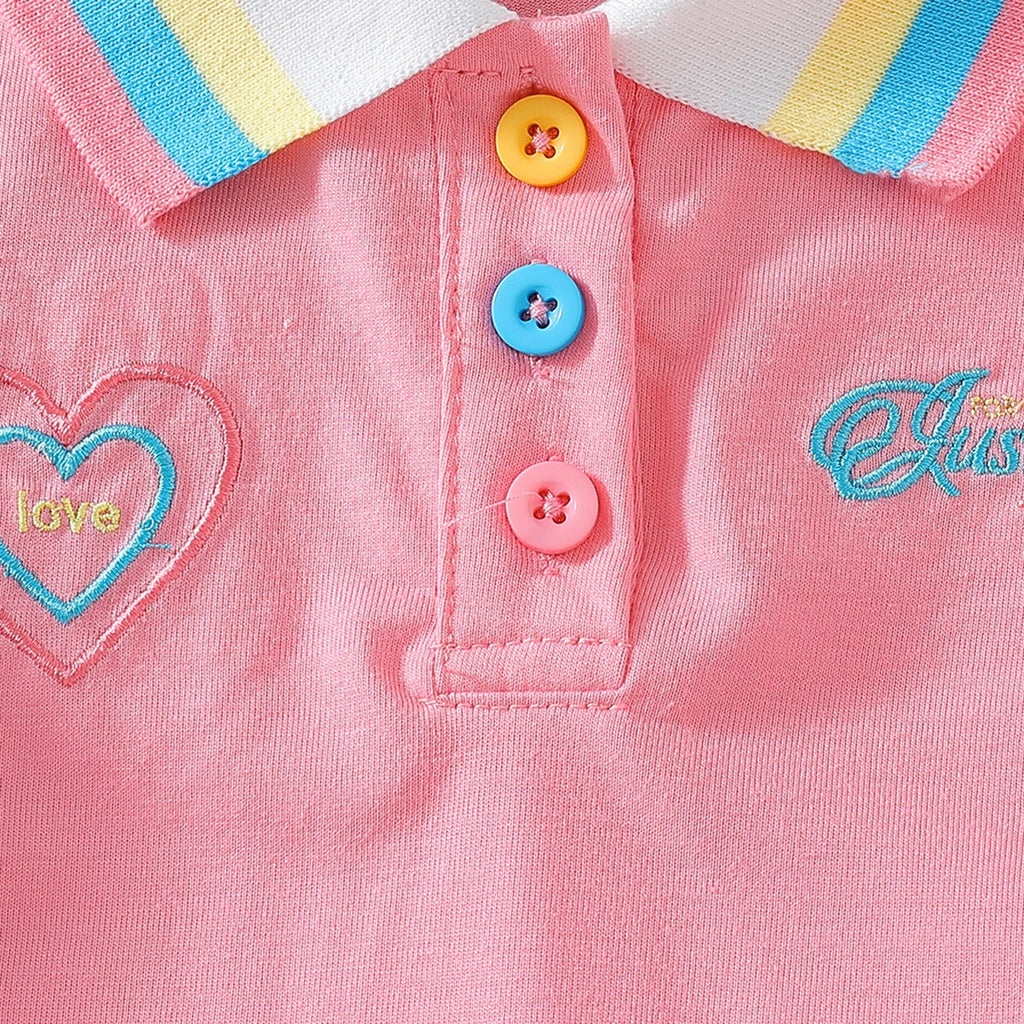 Girls Pink Heart Embroidered Polo T-Shirt With Skirt Sets 2 pc. Sets