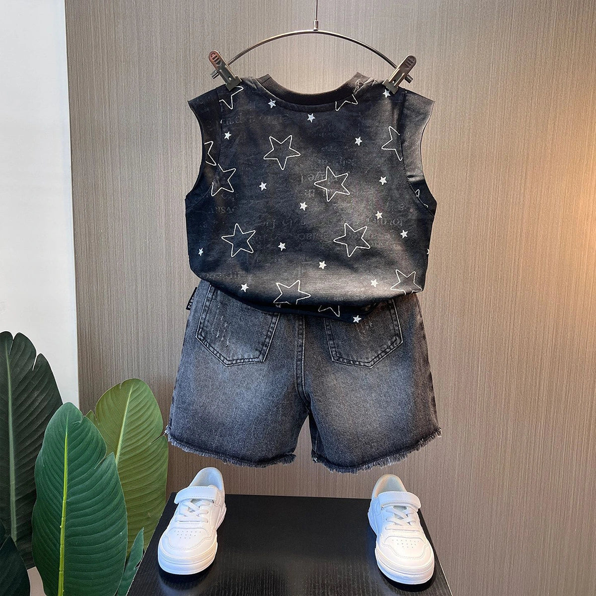 Boys Black Star Print Sleeveless T-Shirt With Denim Shorts Sets 2 pc. Sets