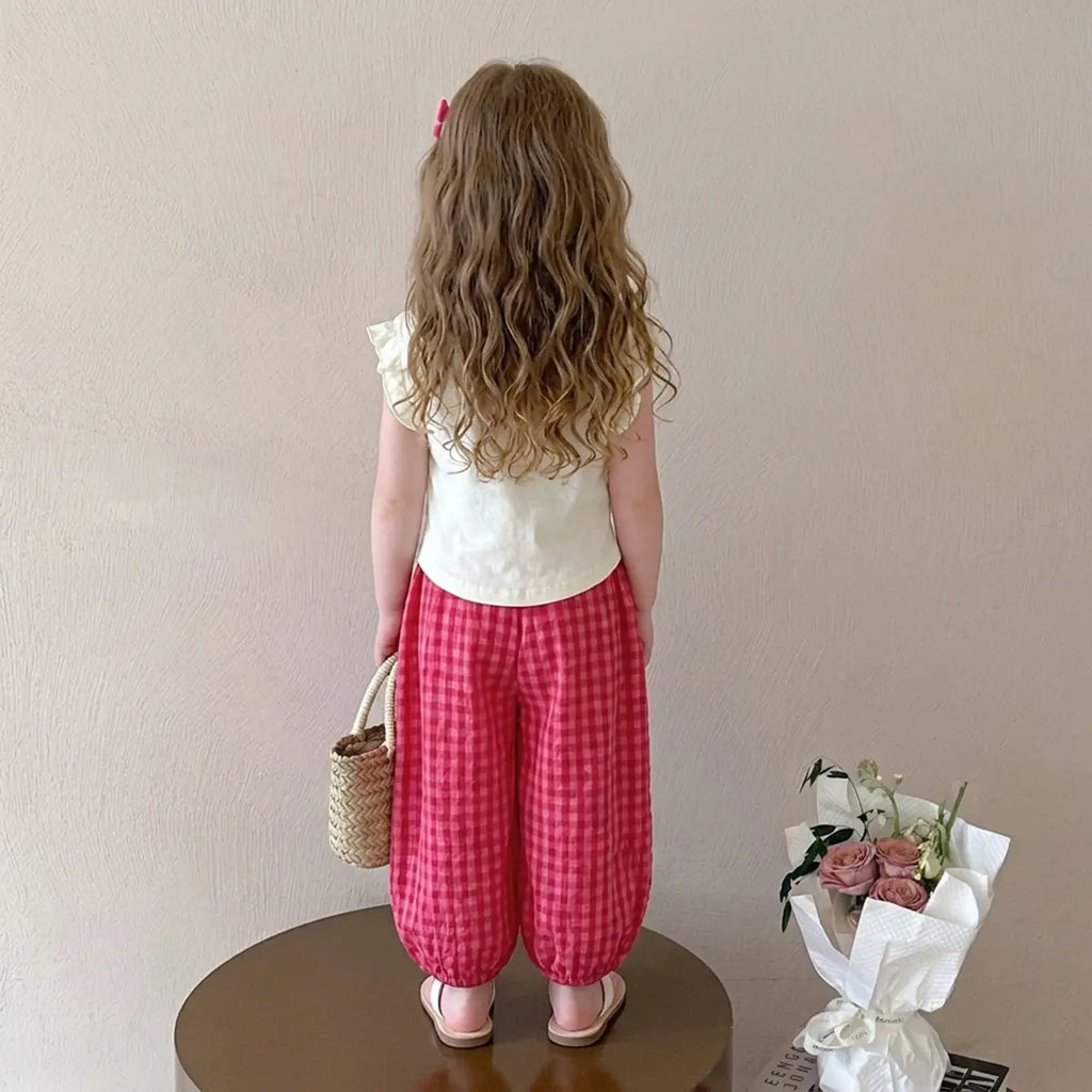 Girls Beige Heart Button Ruffle Top With Checked Pants Sets Sets