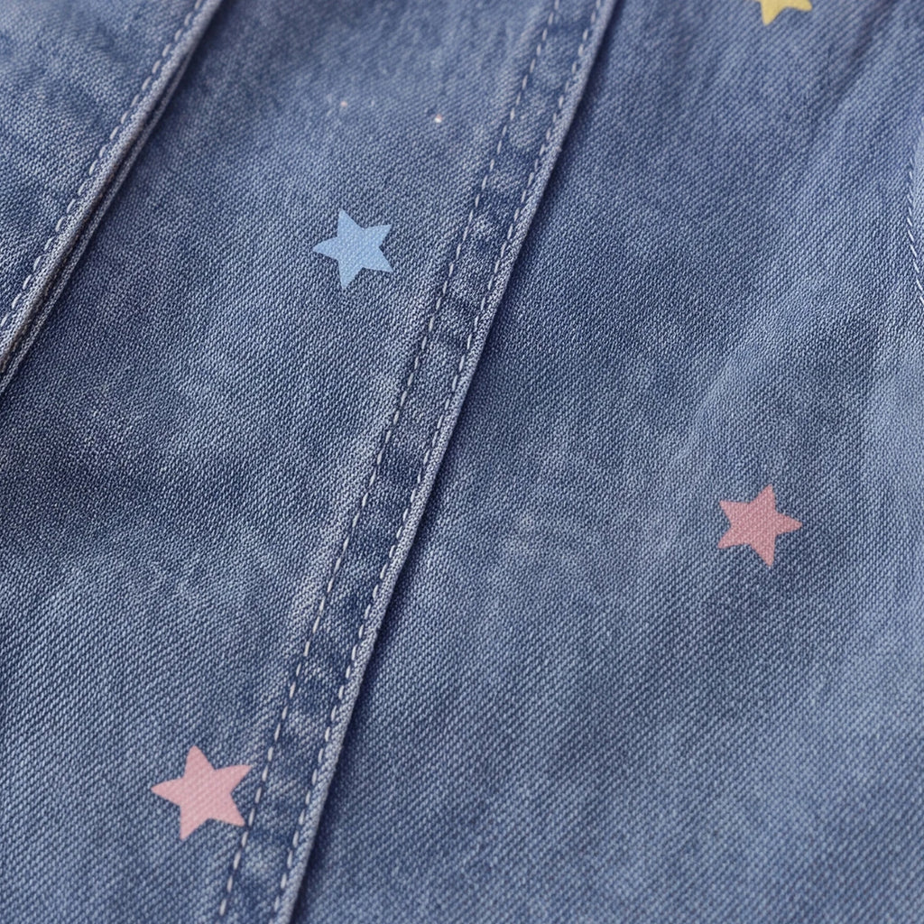 Girls Blue Star Print Short Sleeve Denim Dress Casual Dresses